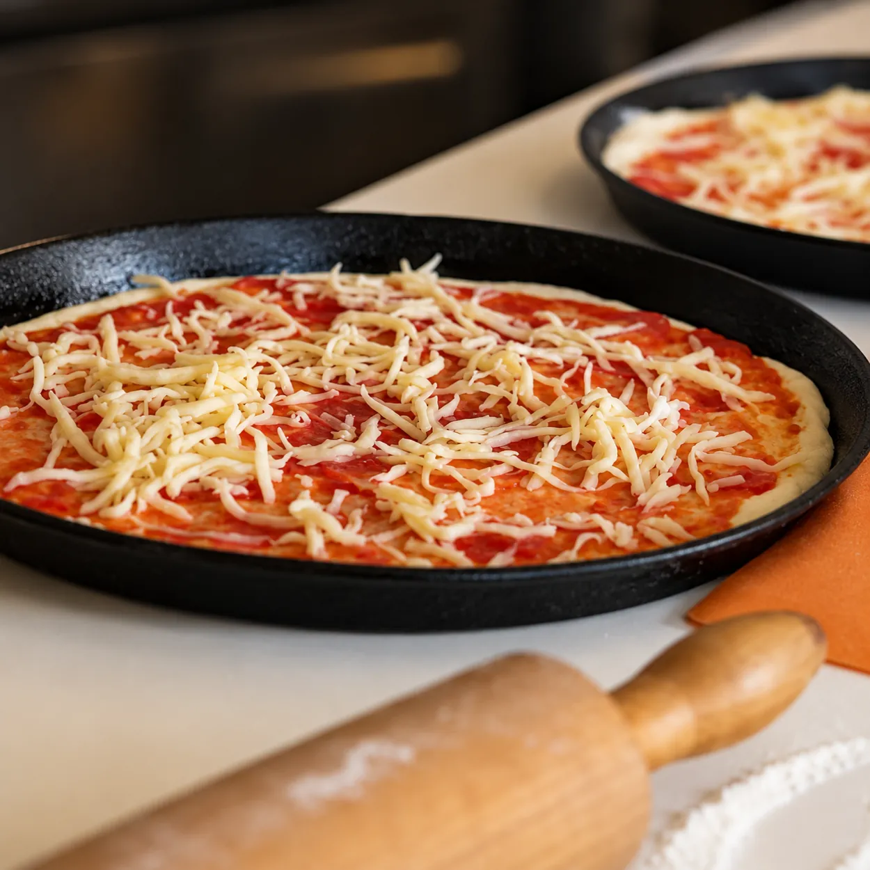 Čerstvě připravená pizza v kuchyni areálu